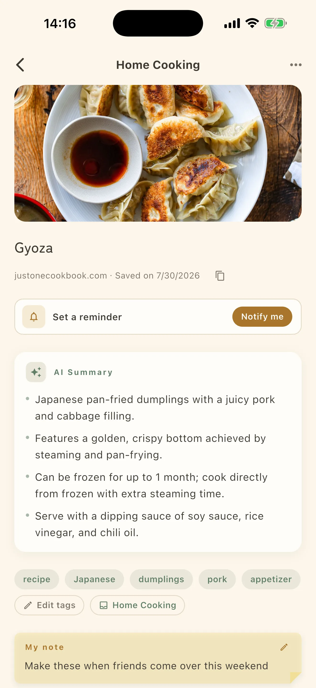 The detail screen of a saved item. Below the photo are the AI's summary and tags, and your own note