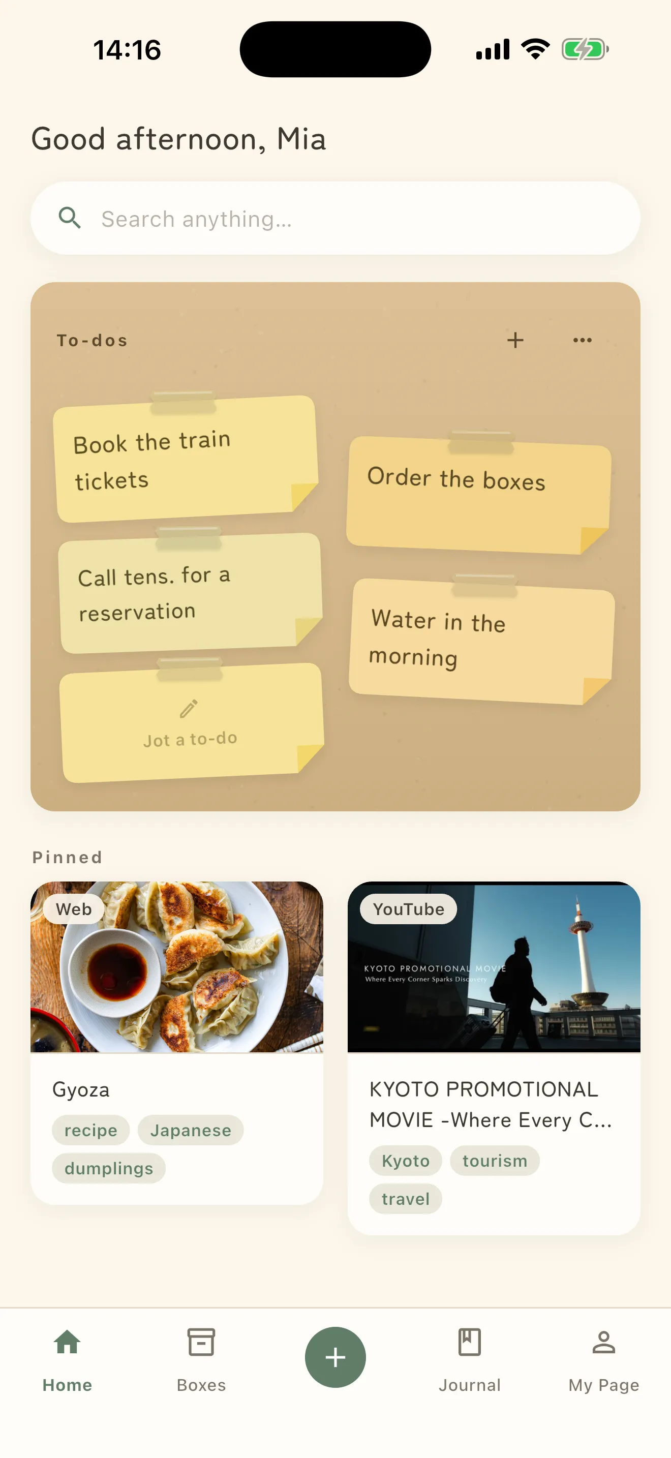 The Shimau home screen: a wall of sticky-note to-dos, with pinned recipes and videos below