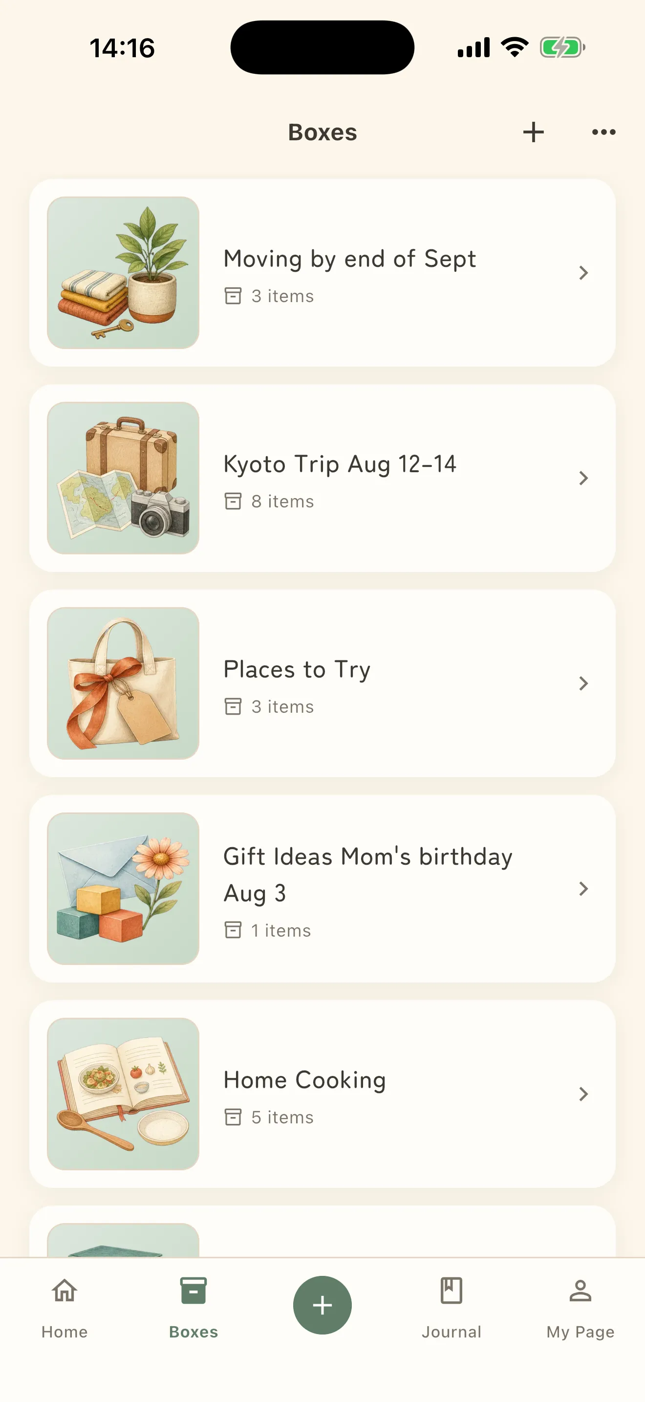 The box list in Cozy: boxes with luggage and book illustrations on a warm ground