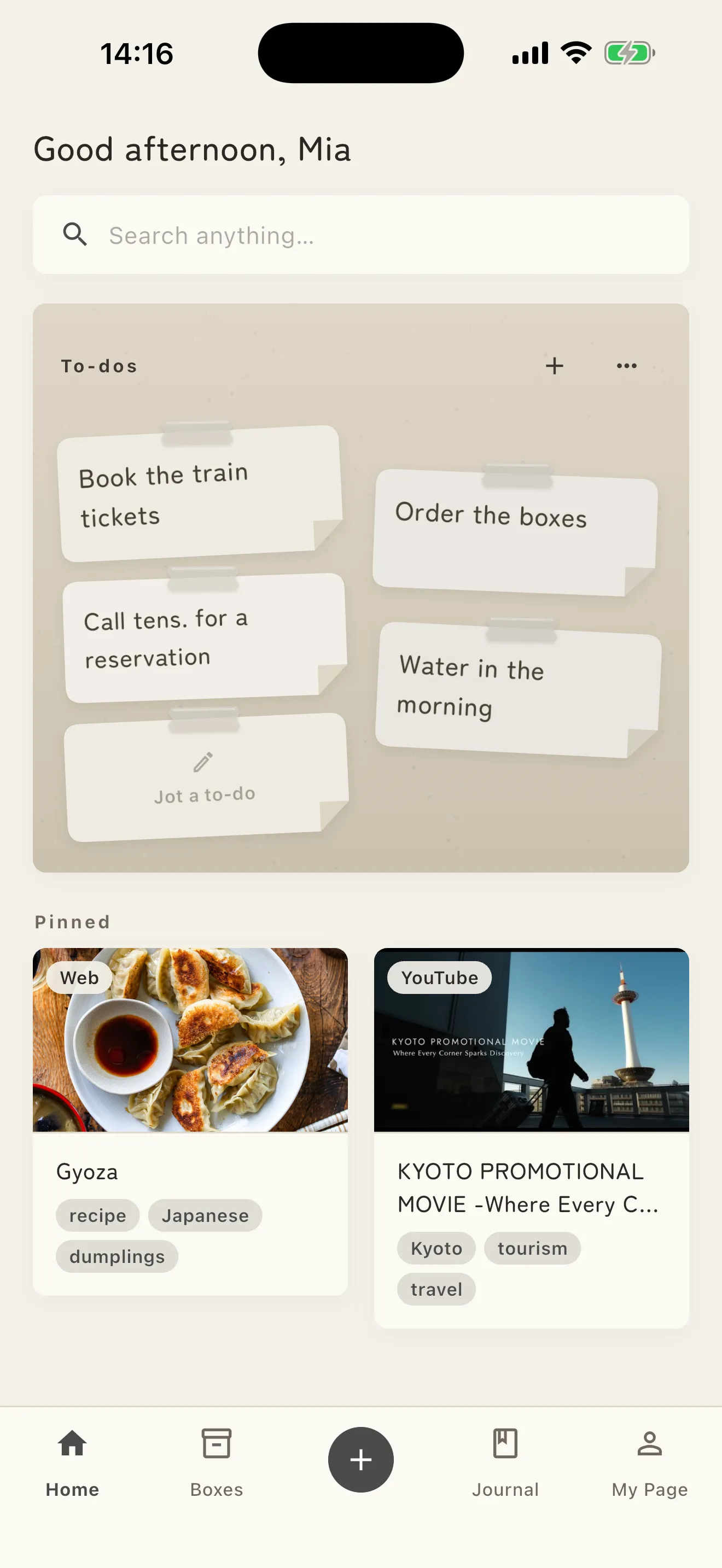 The Shimau home screen: a wall of sticky-note to-dos, with pinned recipes and videos below(Mono)