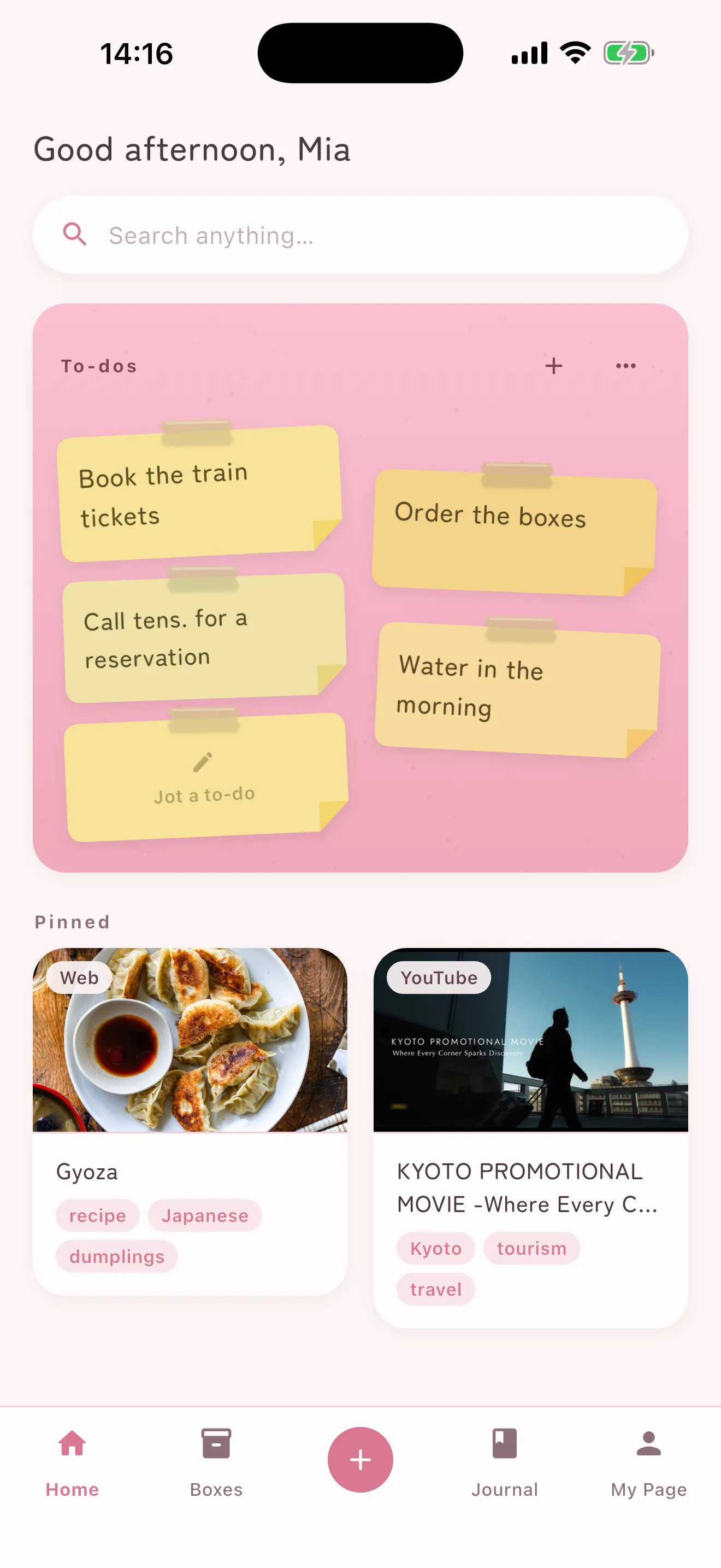 The Shimau home screen: a wall of sticky-note to-dos, with pinned recipes and videos below(Lovely Pink)